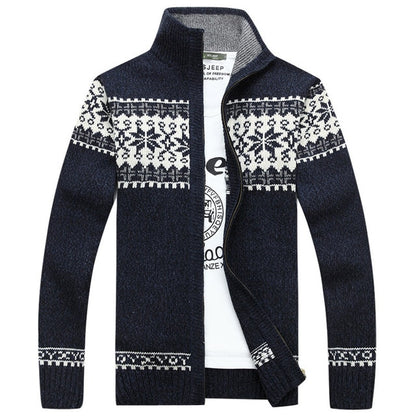 Jacquard Sweater Coat Snowflake Print Knitted Cardigan Turtleneck Full Zip