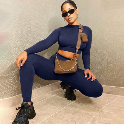 Long Sleeve Crop Tops Tshirt Leggings Pants Set Bodycon Tracksuits