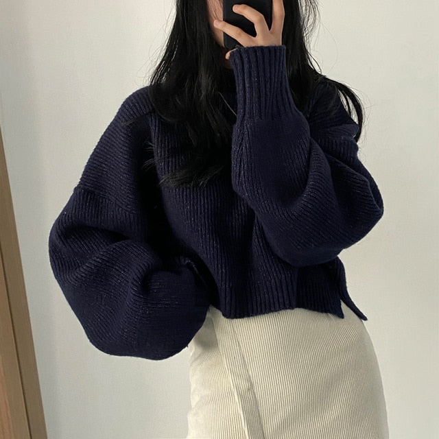 One Size Turtleneck Crop Sweater for Women