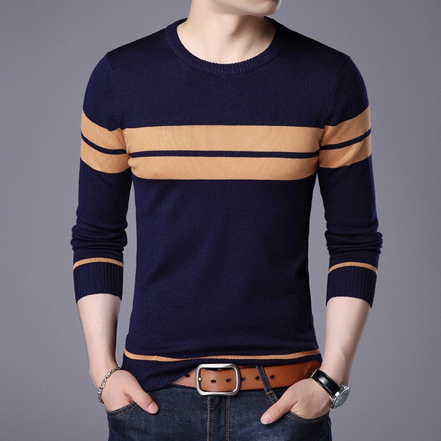 Knitted Sweater Round Neck Long Sleeve Pullover Stripe Patchwork