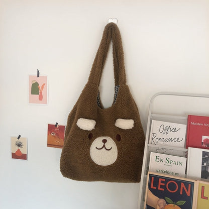 Soft Plush Tote Bag Cartoon Embroidery Imitation Lamb Hair Shoulder Bag For Women