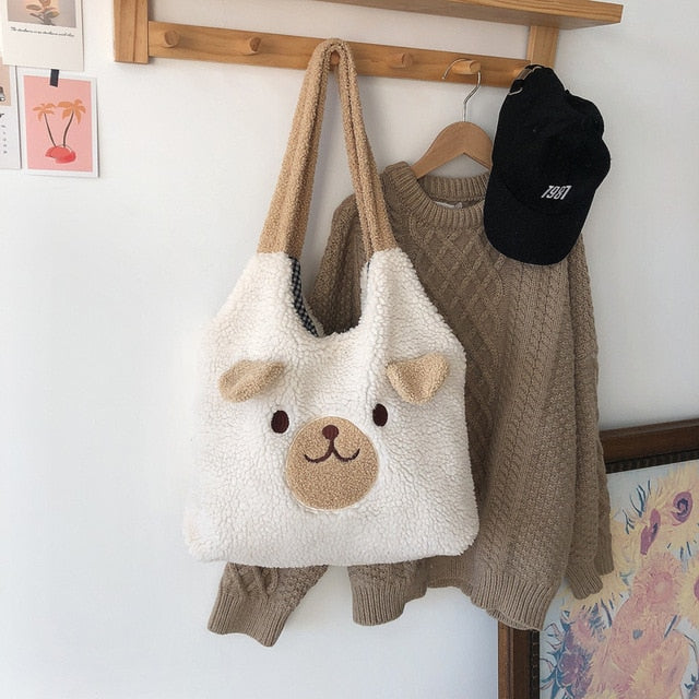 Soft Plush Tote Bag Cartoon Embroidery Imitation Lamb Hair Shoulder Bag For Women