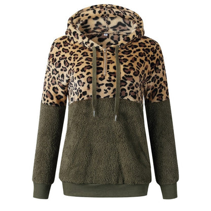 Loose Plush Leopard Patchwork Hoodies for Women with Zipper Tops