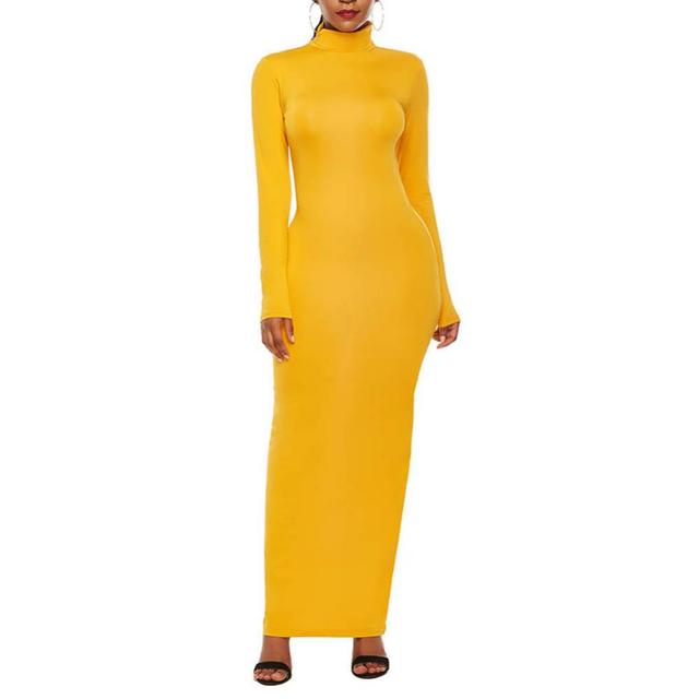 Long Sleeve Turtle Neck Stretchy Bodycon Long Dress - Azahshopping