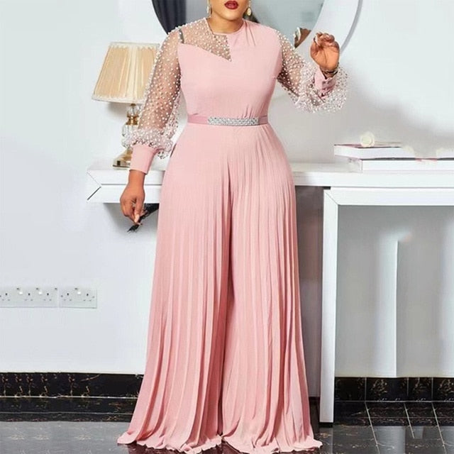 Pink Pleated High Waisted Floor Length Elegant Jumpsuits