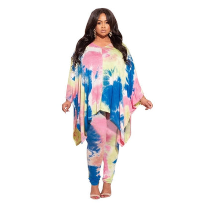 Tie Dye Leopard Camouflage Long Sleeve Top And Pant Suits - Plus Size Sets