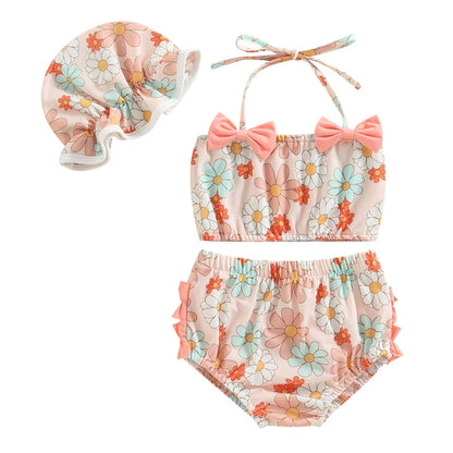 Baby Girls Three Piece Swimsuits Floral Print Halter with Cap