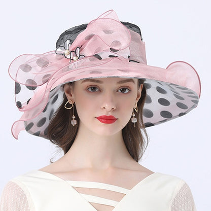 Women Summer Hat Black Dot Pattern Ruffle Wide Brim Ladies Organza Hat