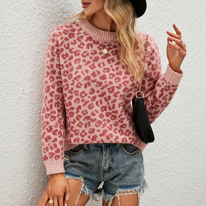 Leopard Print Loose Fit Knitted Top Sweater for Women