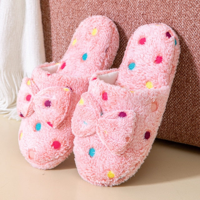 Home Slippers Cute Autumn Bow Warmth Thick Plush PVC Non Slip Leisure Shoes