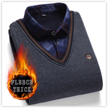 Long Sleeve Pullover Fake Two Pieces Shirt Collar Sweater Preppy Style Fleece