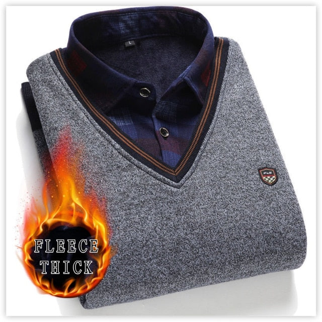 Long Sleeve Pullover Fake Two Pieces Shirt Collar Sweater Preppy Style Fleece