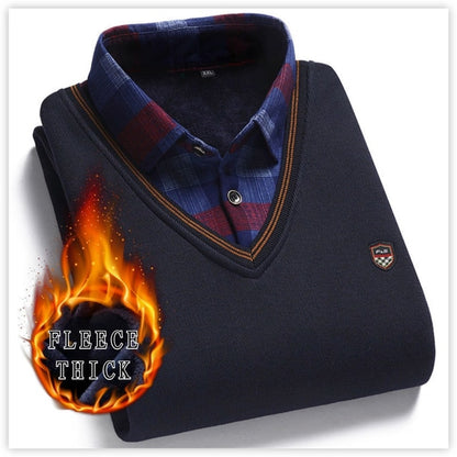 Long Sleeve Pullover Fake Two Pieces Shirt Collar Sweater Preppy Style Fleece
