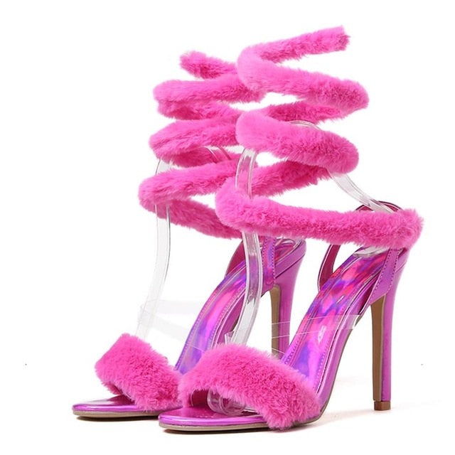 Toe Sandals Fluffy Fur High Heels Slip On