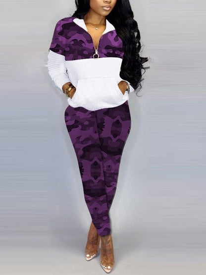 Two Piece Color-lump Tracksuit Pants Set