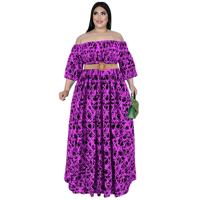 Off Shoulder Plus Size Long Dress With Belt - Azahshopping