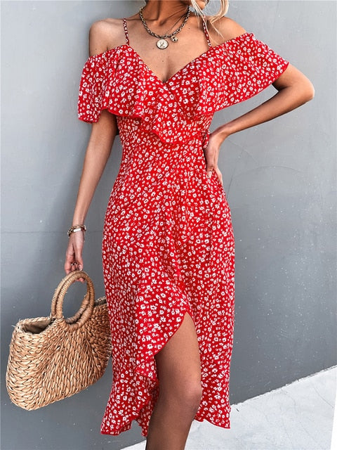 Straps Off Shoulder Dress Floral Print Spring dress