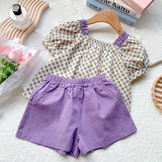 Short Sleeve Shirt Short Skirt 2 Piece Suits Cartoon Girl Bow Cotton sets