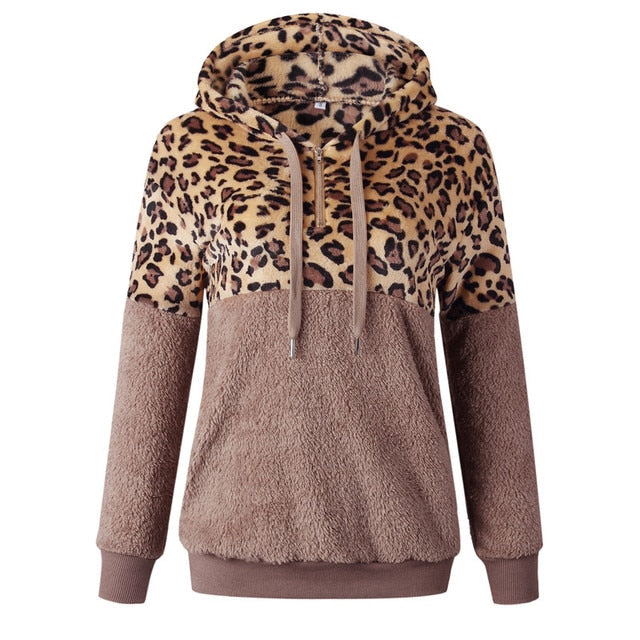 Loose Plush Leopard Patchwork Hoodies for Women with Zipper Tops