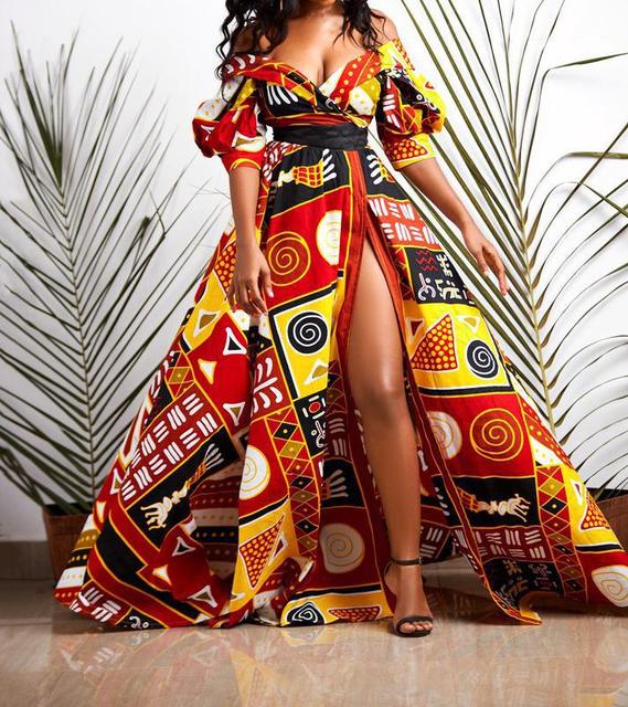 V neck Backless High waist Dashiki Ankara Dresse - Azahshopping