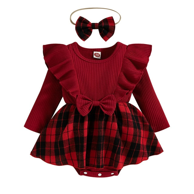 Romper Dress Plaid Round Neck Ruffles Long Sleeve Bowknot Skirt Hem Jumpsuits with Headband