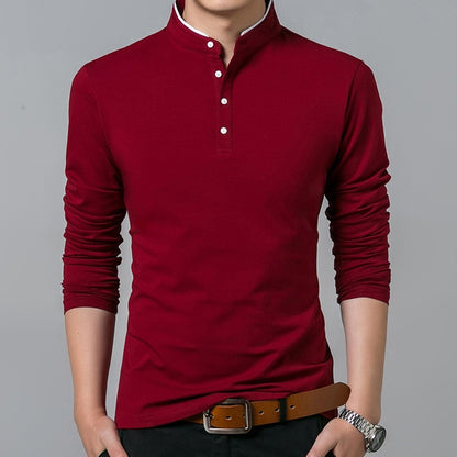 Full Sleeve Tshirt Men Solid Color Mandarin Collar Long Shirt - T-shirts