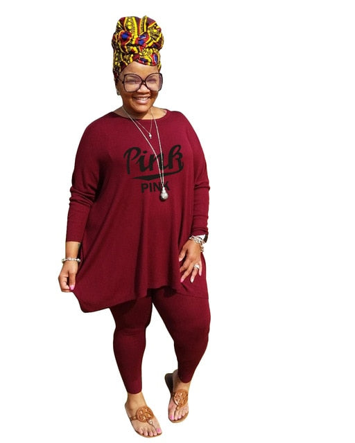 Two Piece Sets Solid Color Printing Long Sleeve Plus Size Pant