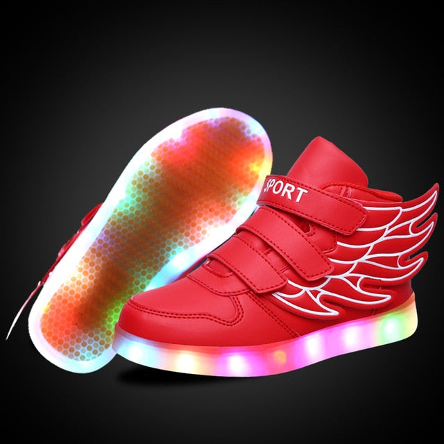 UncleJerry Children Glowing Shoes with wings for Boys and Girls LED Sneakers with fur inside