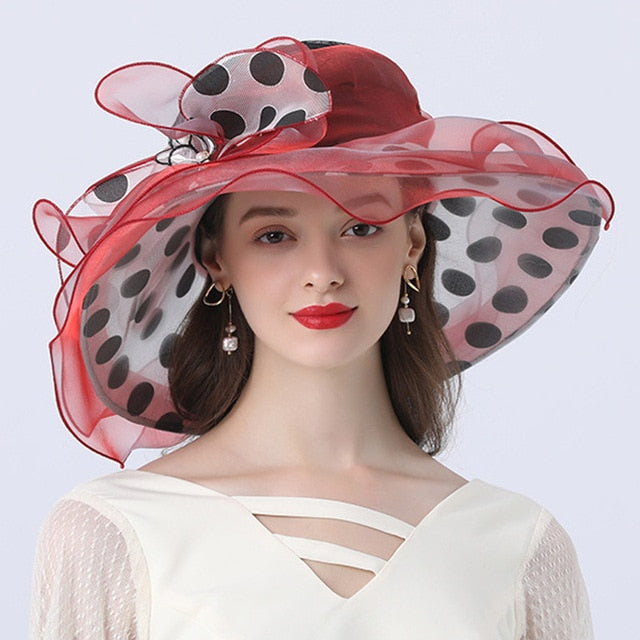 Women Summer Hat Black Dot Pattern Ruffle Wide Brim Ladies Organza Hat