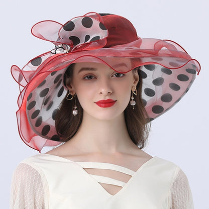 Women Summer Hat Black Dot Pattern Ruffle Wide Brim Ladies Organza Hat