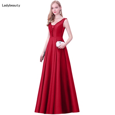 Red V Neck Beads Backless Long Evening Dress - Azahshopping