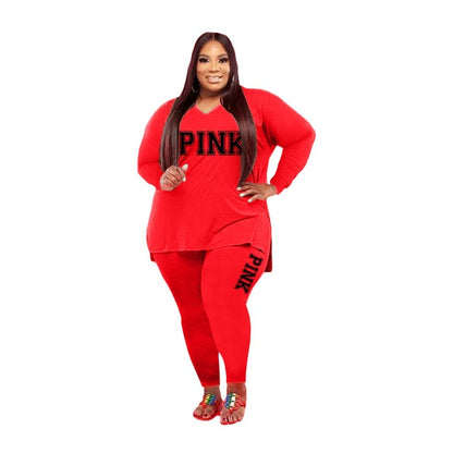 Two Piece Set Fashion Long Sleeve V Neck Top And Pants - Plus Size Sets