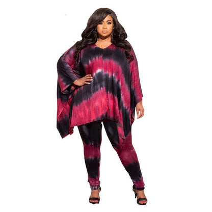 Tie Dye Leopard Camouflage Long Sleeve Top And Pant Suits - Plus Size Sets