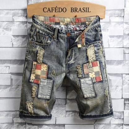 Retro Style Ripped Denim Shorts for Men