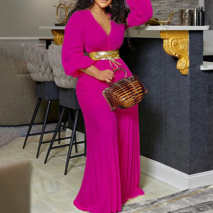 Pink Pleated High Waisted Floor Length Elegant Jumpsuits