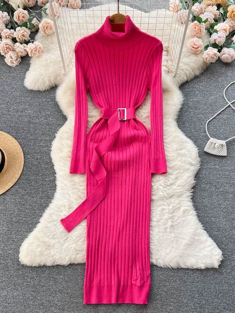 Winter Turtleneck Knitted Sweater Dress with Belt - Azahshopping