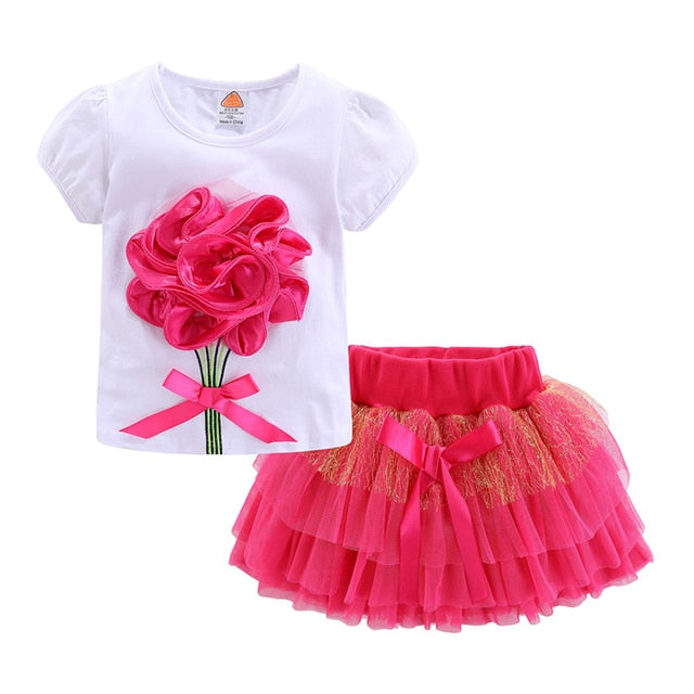 Cute Girls Outfits Boutique 3d Flower Lace Bow Tulle Tutu Skirt Sets For Toddler Gir