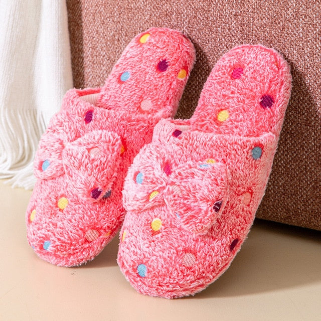 Home Slippers Cute Autumn Bow Warmth Thick Plush PVC Non Slip Leisure Shoes