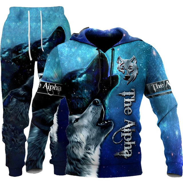 Winter 3d Printed Wolf Men Hooded Sweater Pants Tracksuits 2 Piece Set