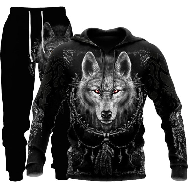 Winter 3d Printed Wolf Men Hooded Sweater Pants Tracksuits 2 Piece Set