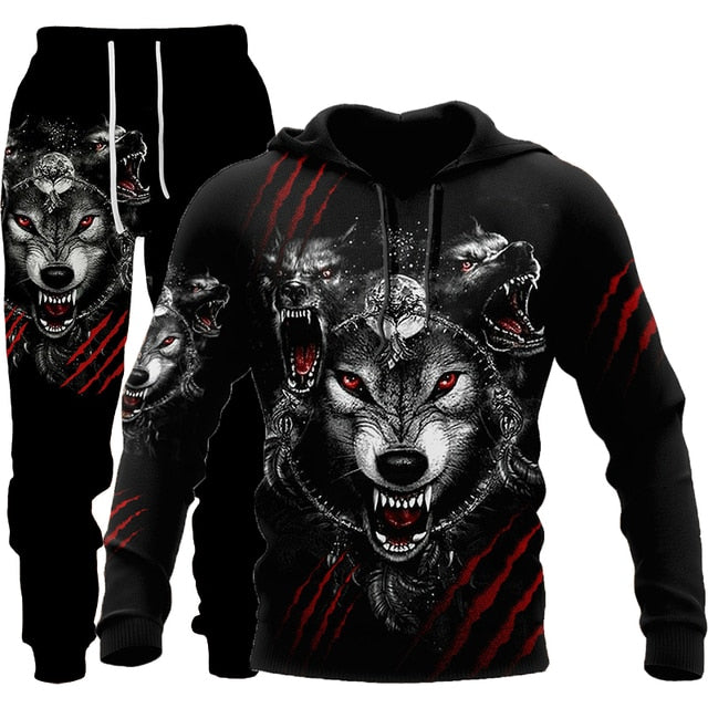 Winter 3d Printed Wolf Men Hooded Sweater Pants Tracksuits 2 Piece Set