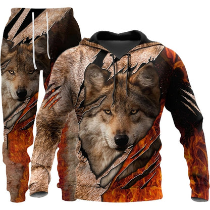 Winter 3d Printed Wolf Men Hooded Sweater Pants Tracksuits 2 Piece Set