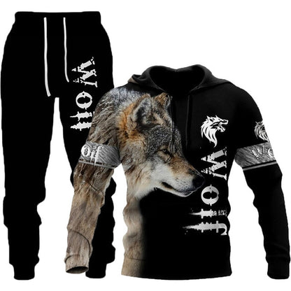 Winter 3d Printed Wolf Men Hooded Sweater Pants Tracksuits 2 Piece Set