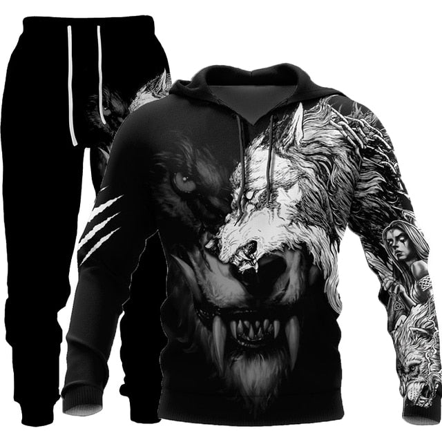 Winter 3d Printed Wolf Men Hooded Sweater Pants Tracksuits 2 Piece Set