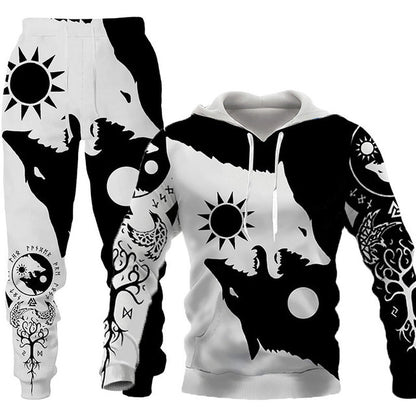 Winter 3d Printed Wolf Men Hooded Sweater Pants Tracksuits 2 Piece Set