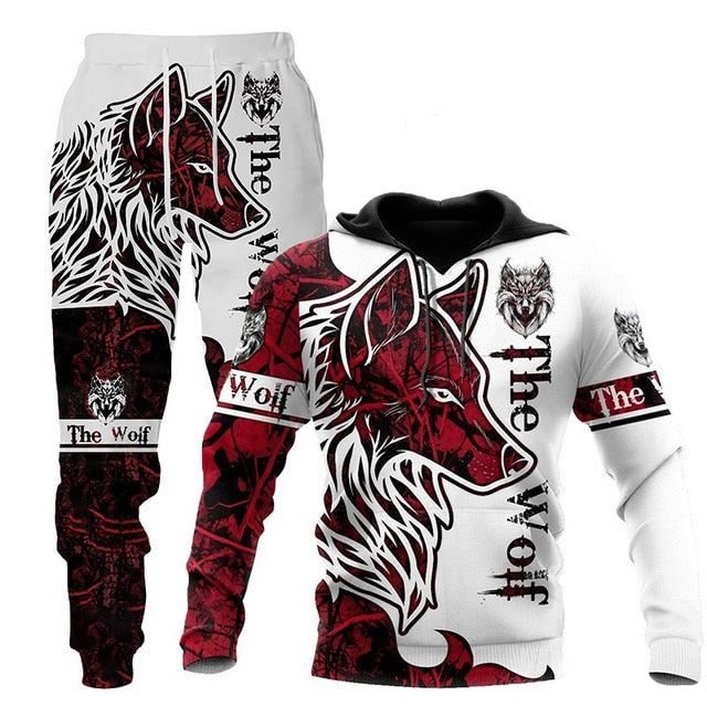 Winter 3d Printed Wolf Men Hooded Sweater Pants Tracksuits 2 Piece Set