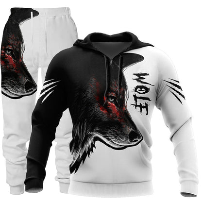 Winter 3d Printed Wolf Men Hooded Sweater Pants Tracksuits 2 Piece Set