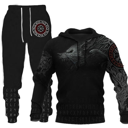 Winter 3d Printed Wolf Men Hooded Sweater Pants Tracksuits 2 Piece Set