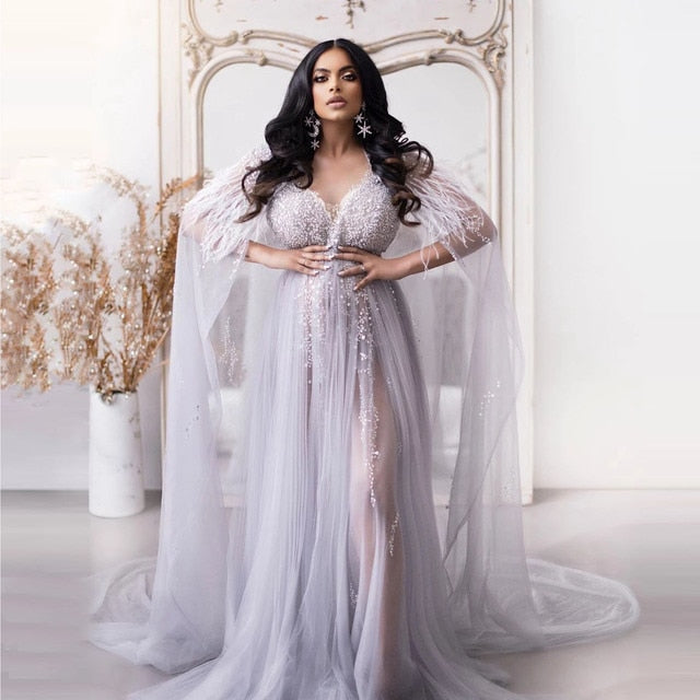 Luxury Beaded Feathers Maternity Gowns - Azahshopping