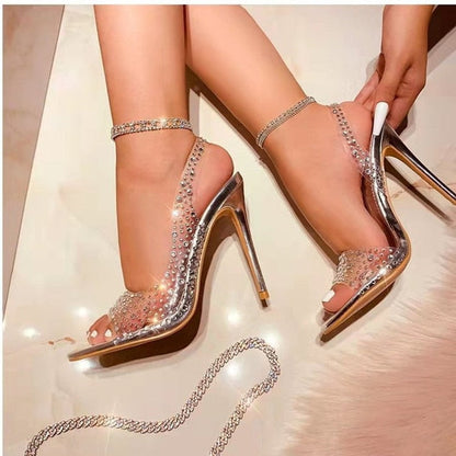 Round Head Rhinestone Slim Heel Transparent Sandals